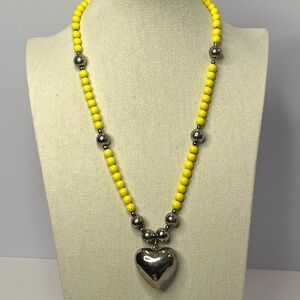 Vintage Yellow Acrylic Bead Silver Tone Metal Bead Necklace with Metal Heart